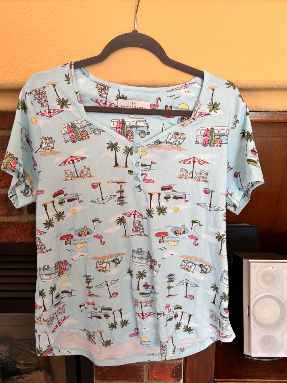 Karen Kane Light Blue Beach Print Short Sleeve Pajama Top